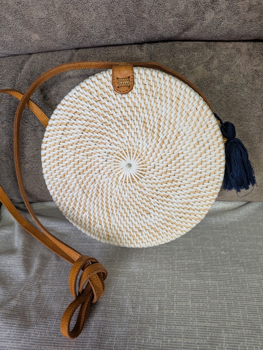 Round Woven Straw & Plastic Crossbody Bag Navy Tassel Detail
